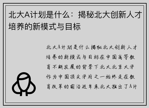 北大A计划是什么：揭秘北大创新人才培养的新模式与目标